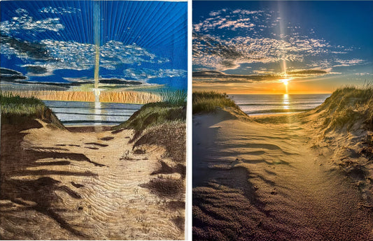 Quilt & Textile Artist Cera Assel creates a quilt of my photo of Coast Guard Beach in Eastham - Cape Cod.